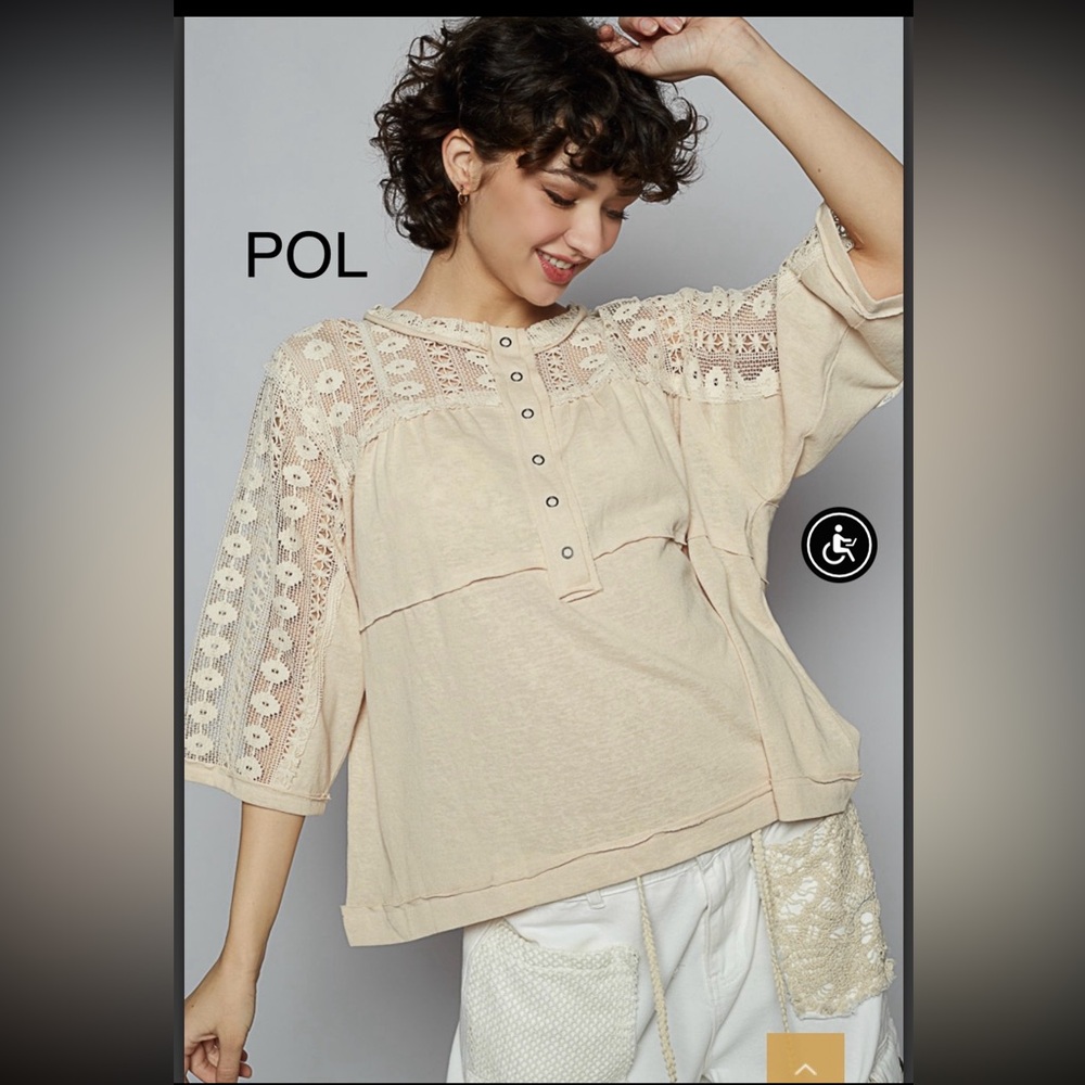 BP214-8⭐️NEW! POL playtime tan Lace Detail Top w/lace sleeves; upper back!